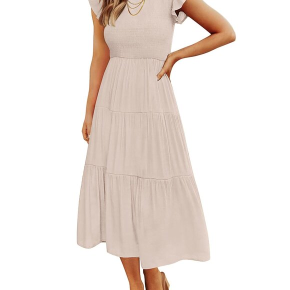 Dresses & Skirts - Flutter Sleeve Smocked Midi Dress Tiered Skirt Elastic Waist Cottagecore Chic